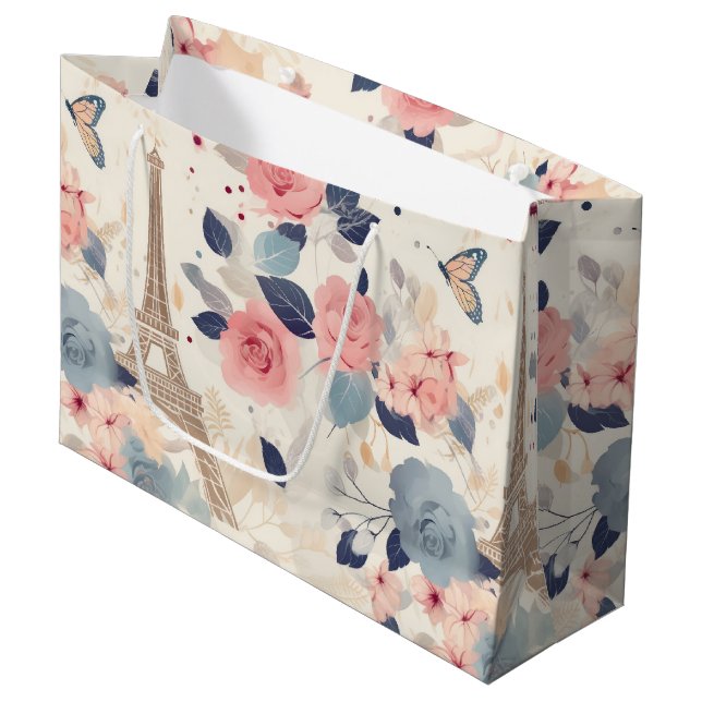 Beautiful Flowers and Eiffel Tower Paris Large Gift Bag (Front Angled)