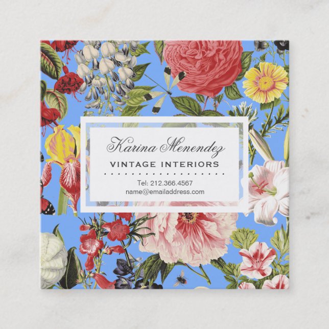 Beautiful Flowers and Insects Garden Floral Blue Square Business Card (Front)
