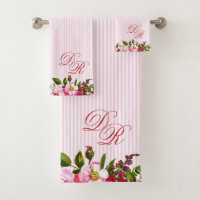 Beautiful Flowers Elegant Monogram PInk Stripes  