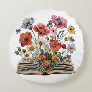 Beautiful Flowers From A Book Readers Writers Round Cushion
