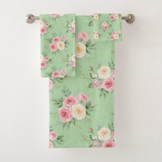 Beautiful Flowers in Pastel Color on Pale Green Bath Towel Set