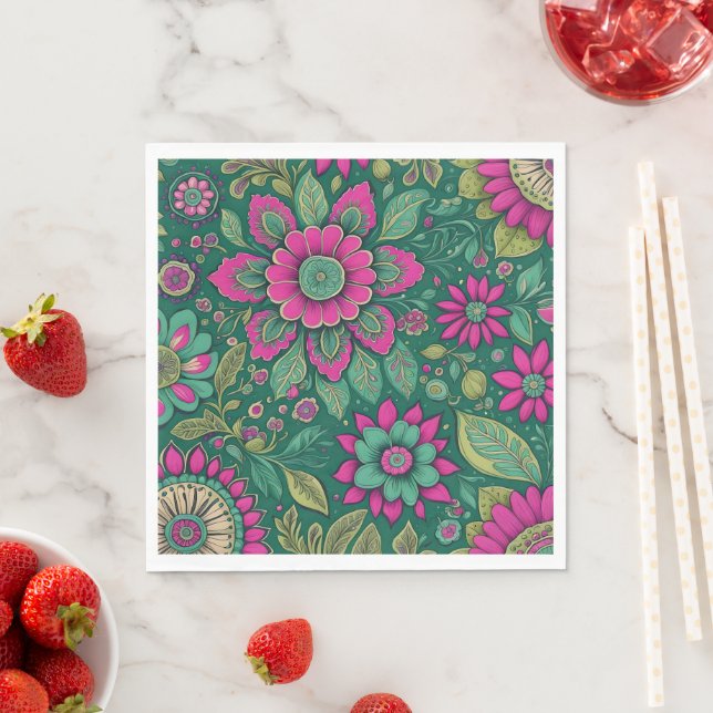 Beautiful Flowers Mandala Blossoms pink green Napkin (Insitu)