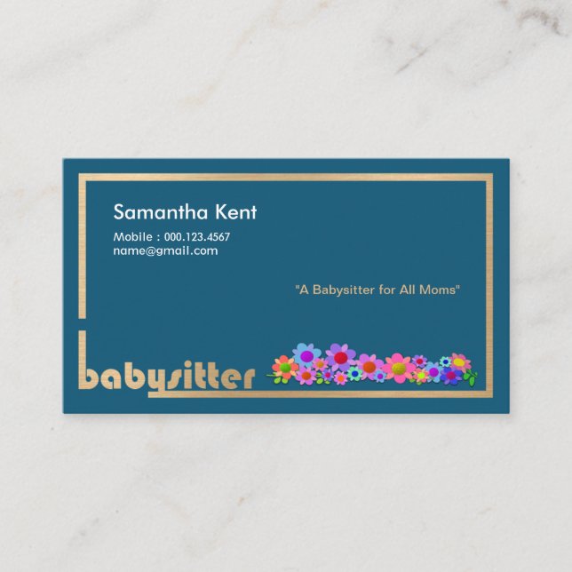 Beautiful Flowers On Gold Borders Babysitter Calling Card (Front)