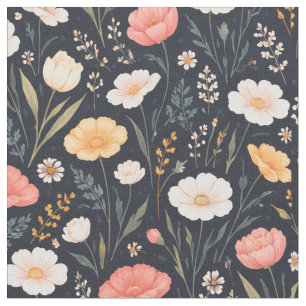 Beautiful Flowers on Muted Navy Blue Fabric