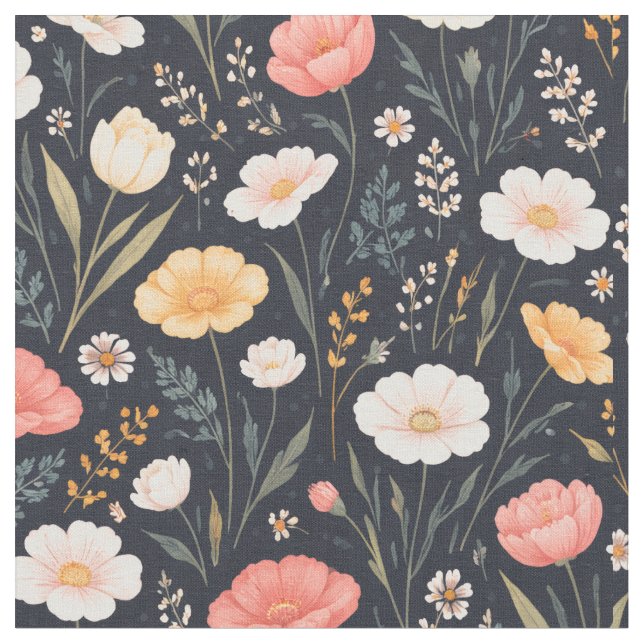 Beautiful Flowers on Muted Navy Blue Fabric (Close Up)