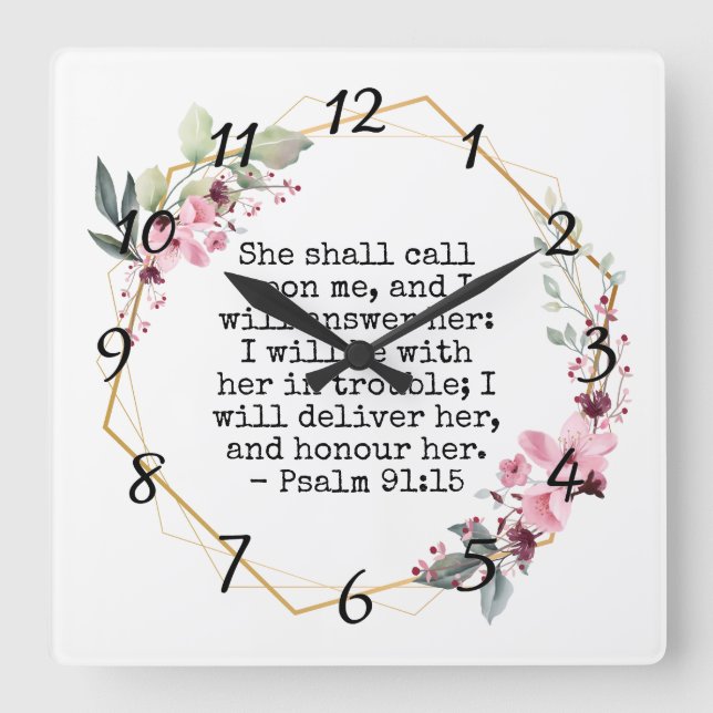 Beautiful Flowers Psalm 91 Square Wall Clock (Front)