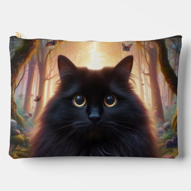 Beautiful Fluffy Black Cat with Gold Eyes Accessory Pouch (Front)