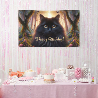 Beautiful Fluffy Black Cat with Gold Eyes Birthday Banner