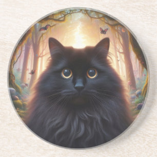Beautiful Fluffy Black Cat with Gold Eyes Coaster
