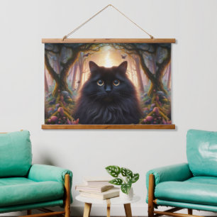 Beautiful Fluffy Black Cat with Gold Eyes Hanging Tapestry