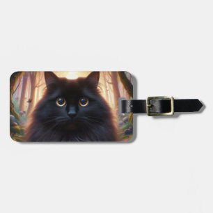 Beautiful Fluffy Black Cat with Gold Eyes Luggage Tag