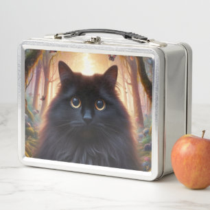 Beautiful Fluffy Black Cat with Gold Eyes Metal Lunch Box