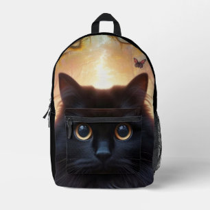 Beautiful Fluffy Black Cat with Gold Eyes Printed Backpack
