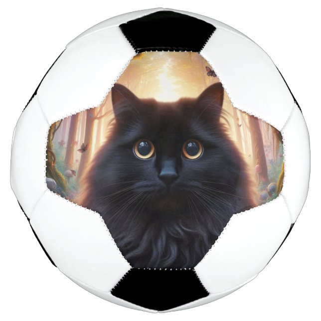 Beautiful Fluffy Black Cat with Gold Eyes Soccer Ball (Front)
