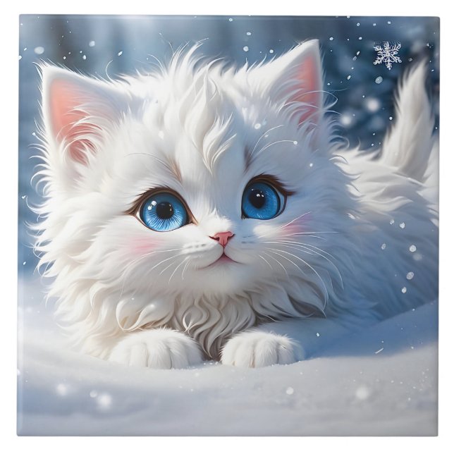 Beautiful Fluffy White Cat Blue Eyes Pink Cheeks Tile (Front)