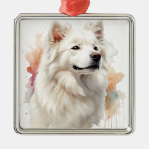 BEAUTIFUL FLUFFY WHITE SAMOYED DOG METAL TREE DECORATION