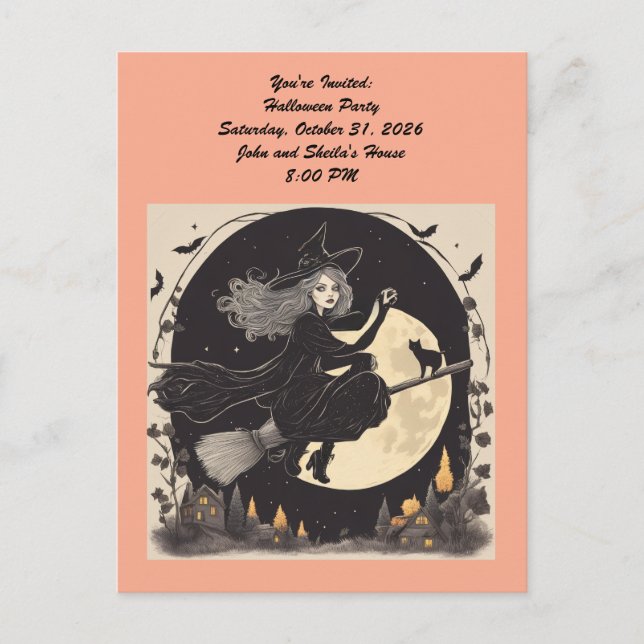Beautiful flying witch pillow invitation postcard (Front)