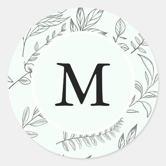 Beautiful Foliage Print Monogram Mint Holiday Classic Round Sticker (Front)