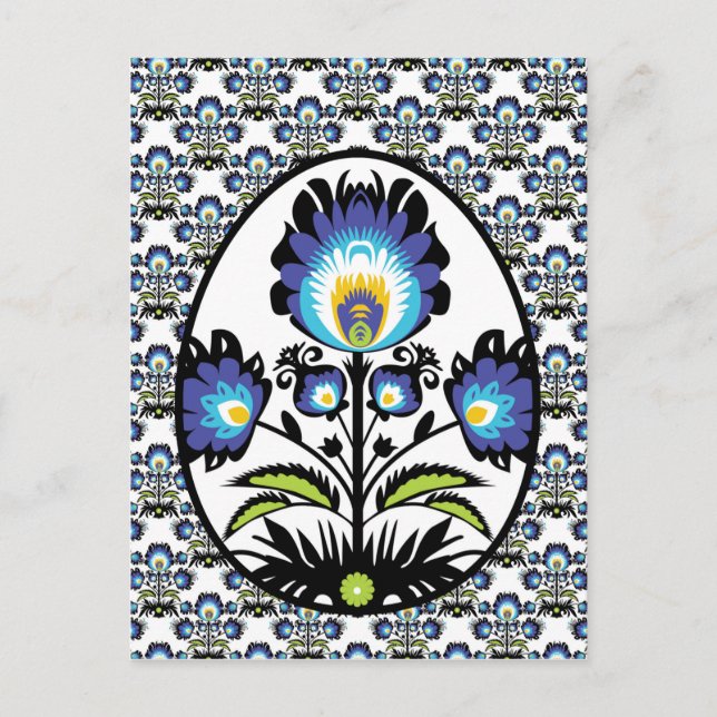 🐤🐤Beautiful Folklore Blue Pysanka Easter Egg Postcard (Front)