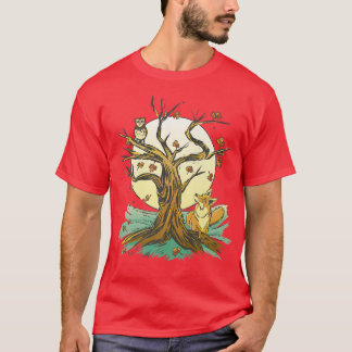 Beautiful Forest Art Owl Fox Autumn T-Shirt