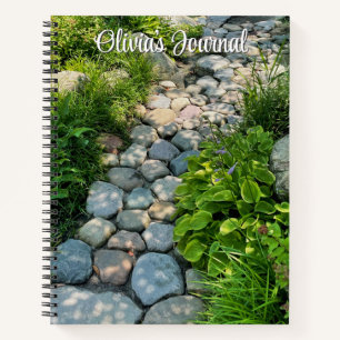 Beautiful forest scene sunny stone walkway photo  notebook