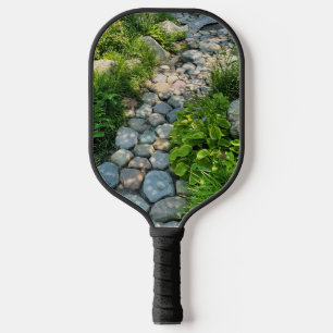 Beautiful forest scene sunny stone walkway photo  pickleball paddle