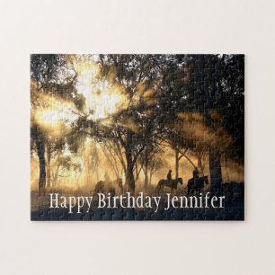 Beautiful Forest Sun Riding Horses Custom Name Jigsaw Puzzle