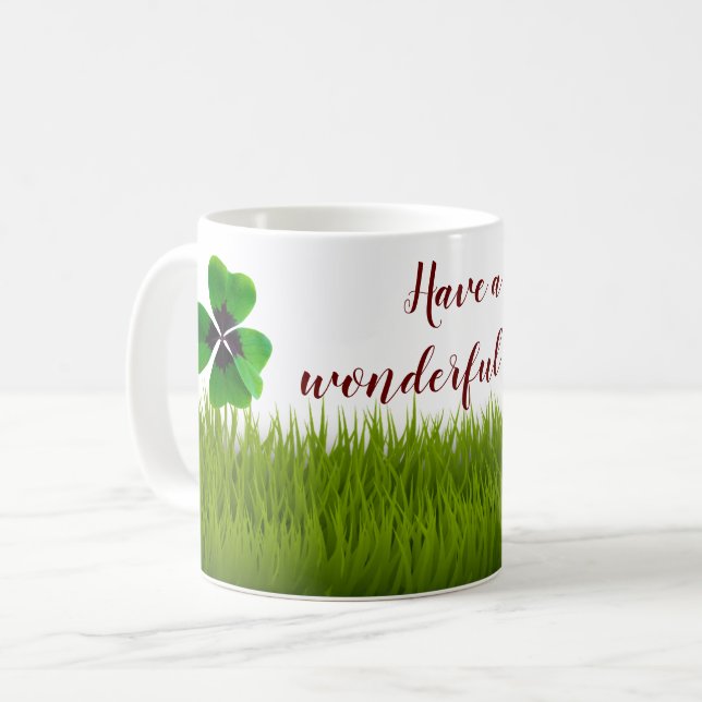 Beautiful Four-Leaf Clover in Vivid Green Coffee Mug (Front Left)