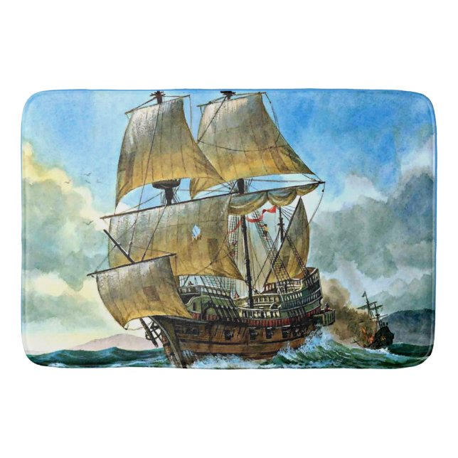 beautiful four-masted ship print bath mat (Front)