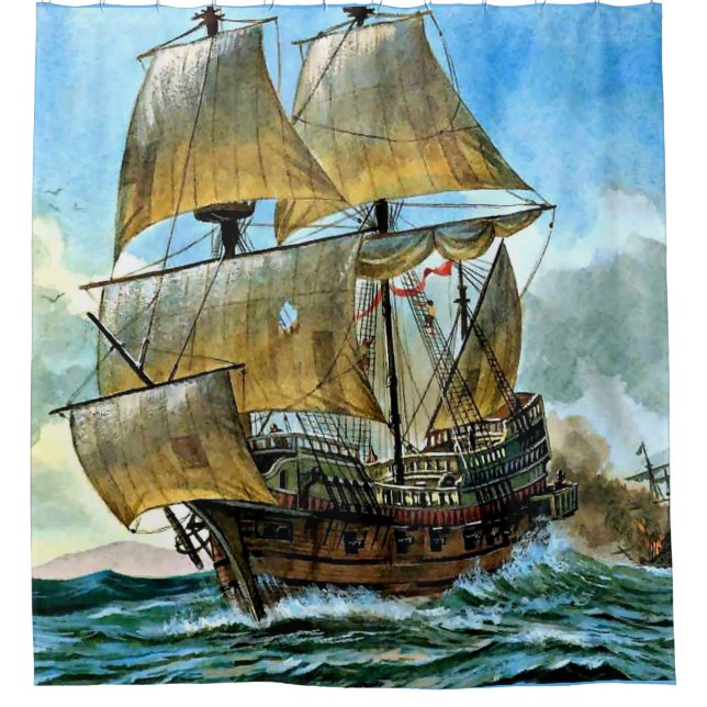 beautiful four-masted ship print shower curtain (Front)