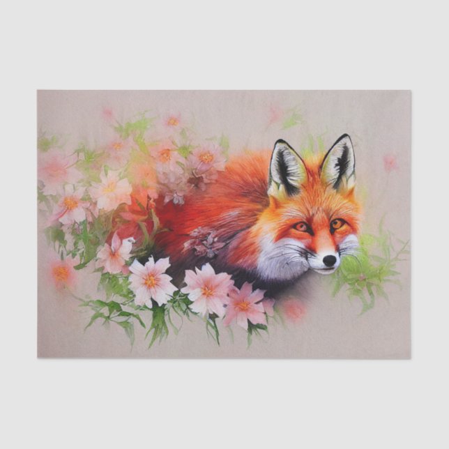 Beautiful Fox in Flowers Watercolor Decoupage Tissue Paper (Front)