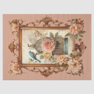 Beautiful Framed Floral Bird & Cage Decoupage  Tissue Paper