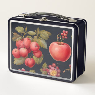 Beautiful French Fruits and Pink Roses on a Black Metal Lunch Box