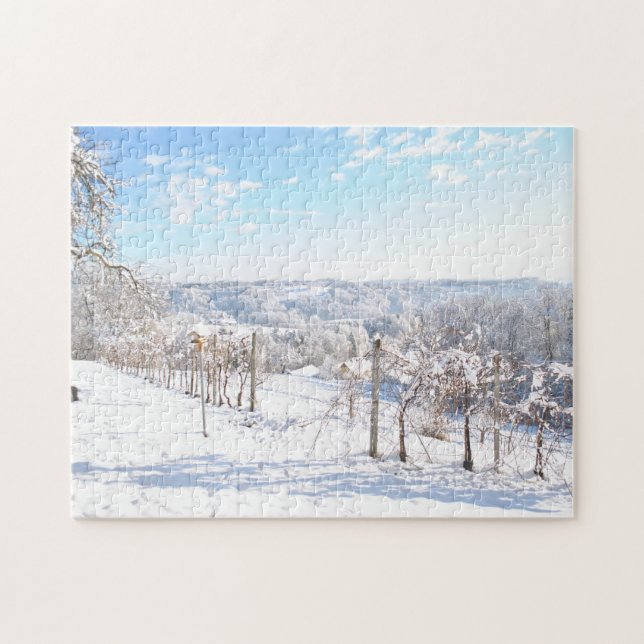 Beautiful Frosty Winter Snow Landscape Vineyards Jigsaw Puzzle (Horizontal)