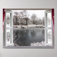 Beautiful frozen lake scene through an open window