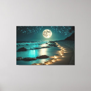 Beautiful Full Moon Beach Ocean Starry Night Canvas Print
