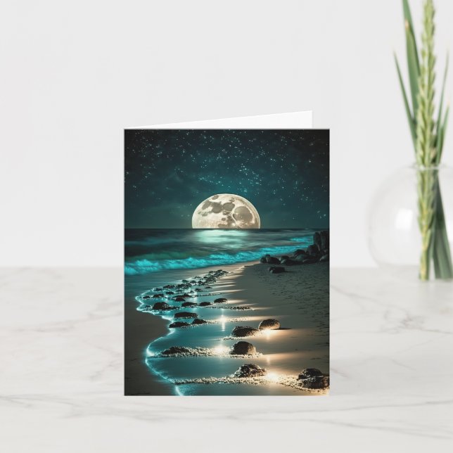 Beautiful Full Moon Beach Ocean Starry Night Card (Front)