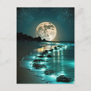 Beautiful Full Moon Beach Ocean Starry Night Postcard