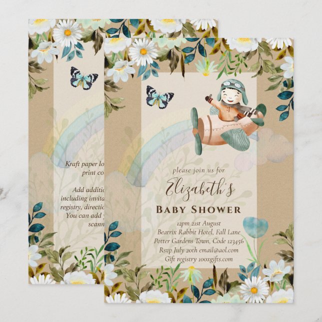 Beautiful Fun Pilot Baby Boys Shower Invitations (Front/Back)