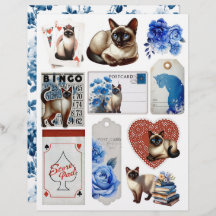 Beautiful Fussy Cuts with Siamese Cat & Blue Roses