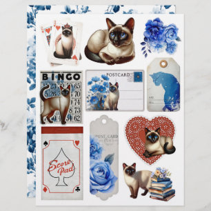 Beautiful Fussy Cuts with Siamese Cat & Blue Roses