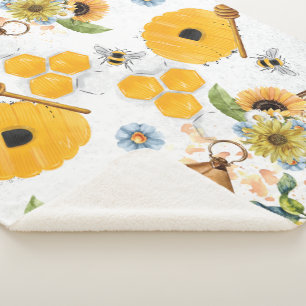 Beautiful Garden Bee Sunflower Sherpa Blanket