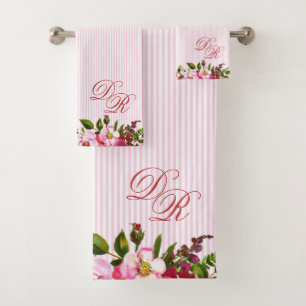 Beautiful Garden Flowers Custom Monogram Stripes   Bath Towel Set