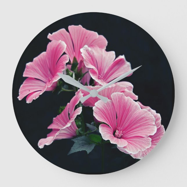 Beautiful Garden Pink Mallow Roses Flowers Large Clock (Front)