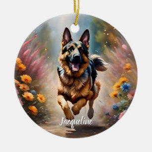 Beautiful German Shepherd Dog & Flowers Ceramic Tree Decoration