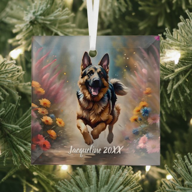 Beautiful German Shepherd Dog & Flowers Glass Tree Decoration (Insitu)