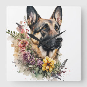 BEAUTIFUL GERMAN SHEPHERD DOG WITH WILDFLOWERS SQUARE WALL CLOCK