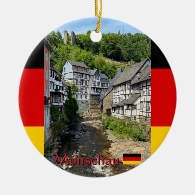 Beautiful German village Monschau in summer travel Ceramic Tree Decoration (Front)