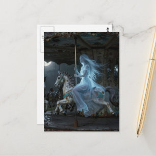 Beautiful Ghost Woman on Abandoned Carousel Postcard