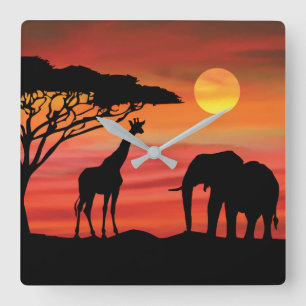 Beautiful Giraffe and Elephant in the Serengeti Square Wall Clock